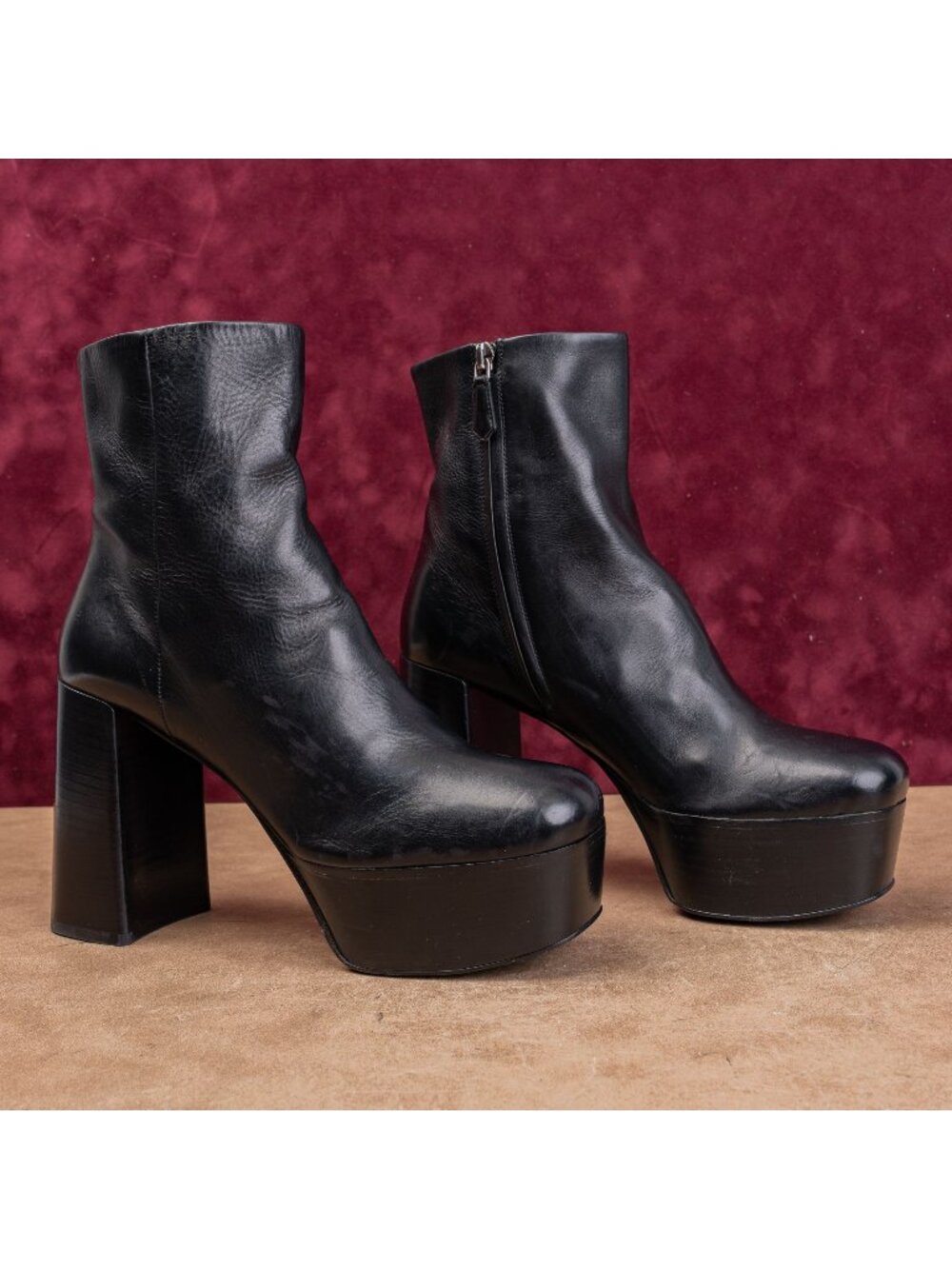 Prada Wmn Black Leather Zip Platform Party Fashion Festival Boots 8US EUR38.5